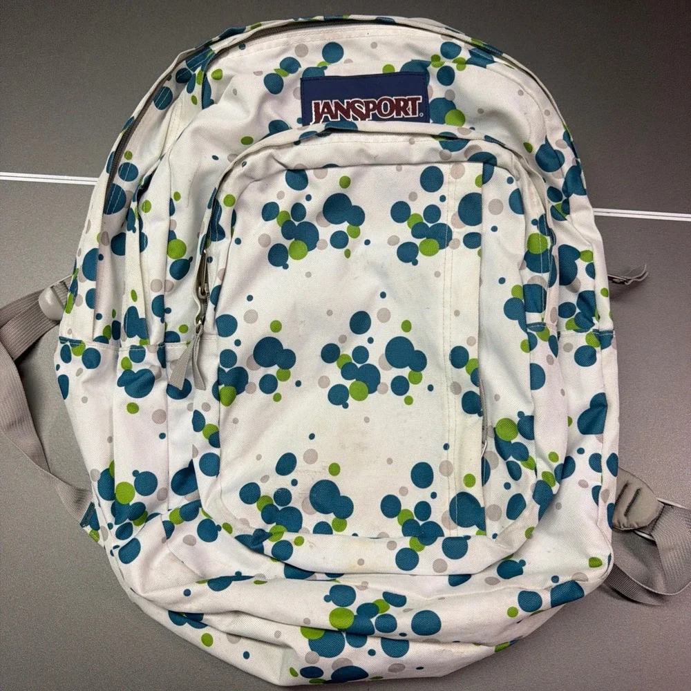 JanSport full-size backpack with a white, green, and blue polka dot pattern